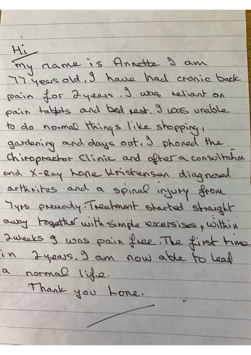handwritten testimonial for Lone Kristensen Chiropractor